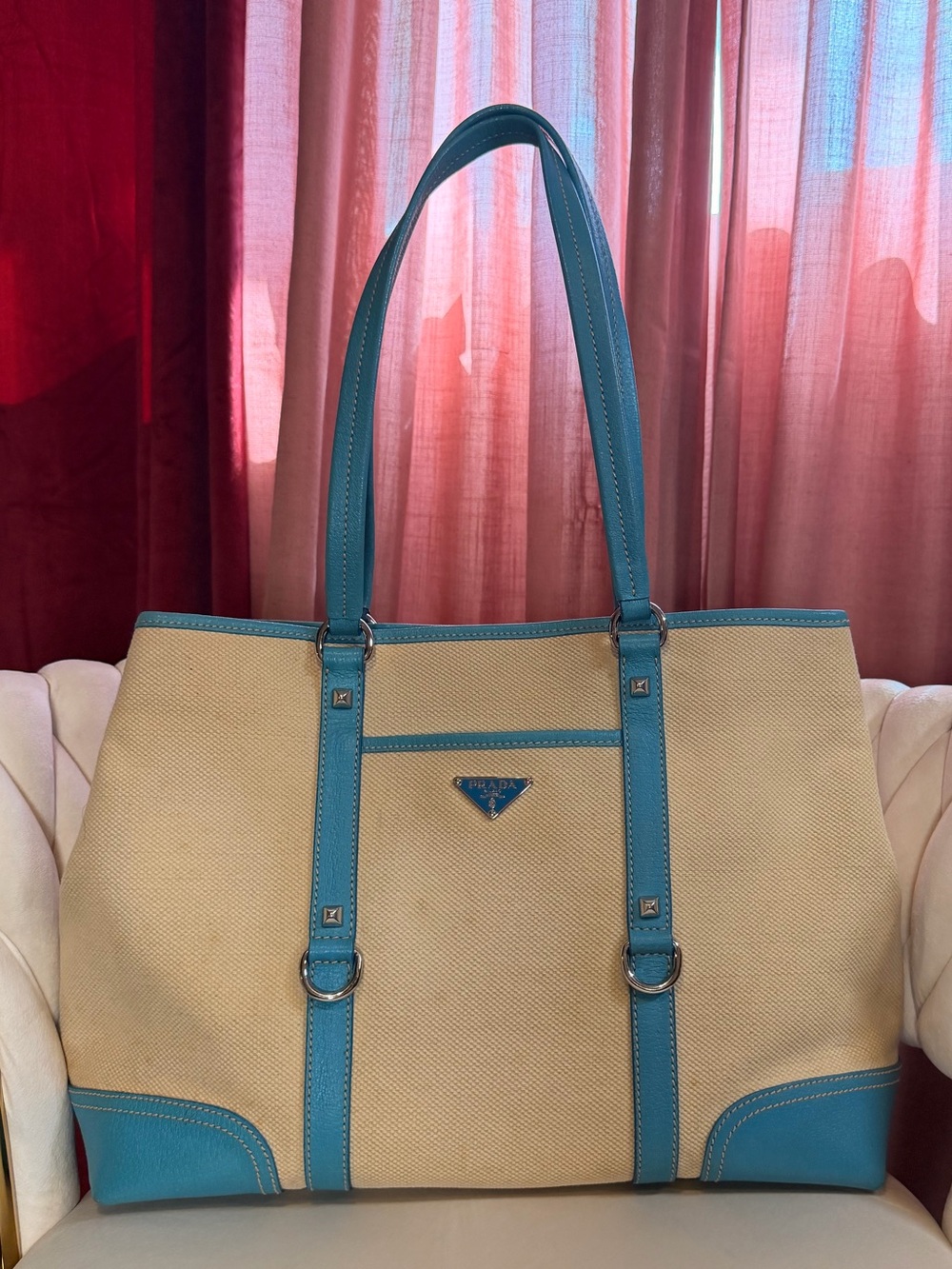 Rare Authentic Prada Canvas Tote Bag in Cream and Turquoise
